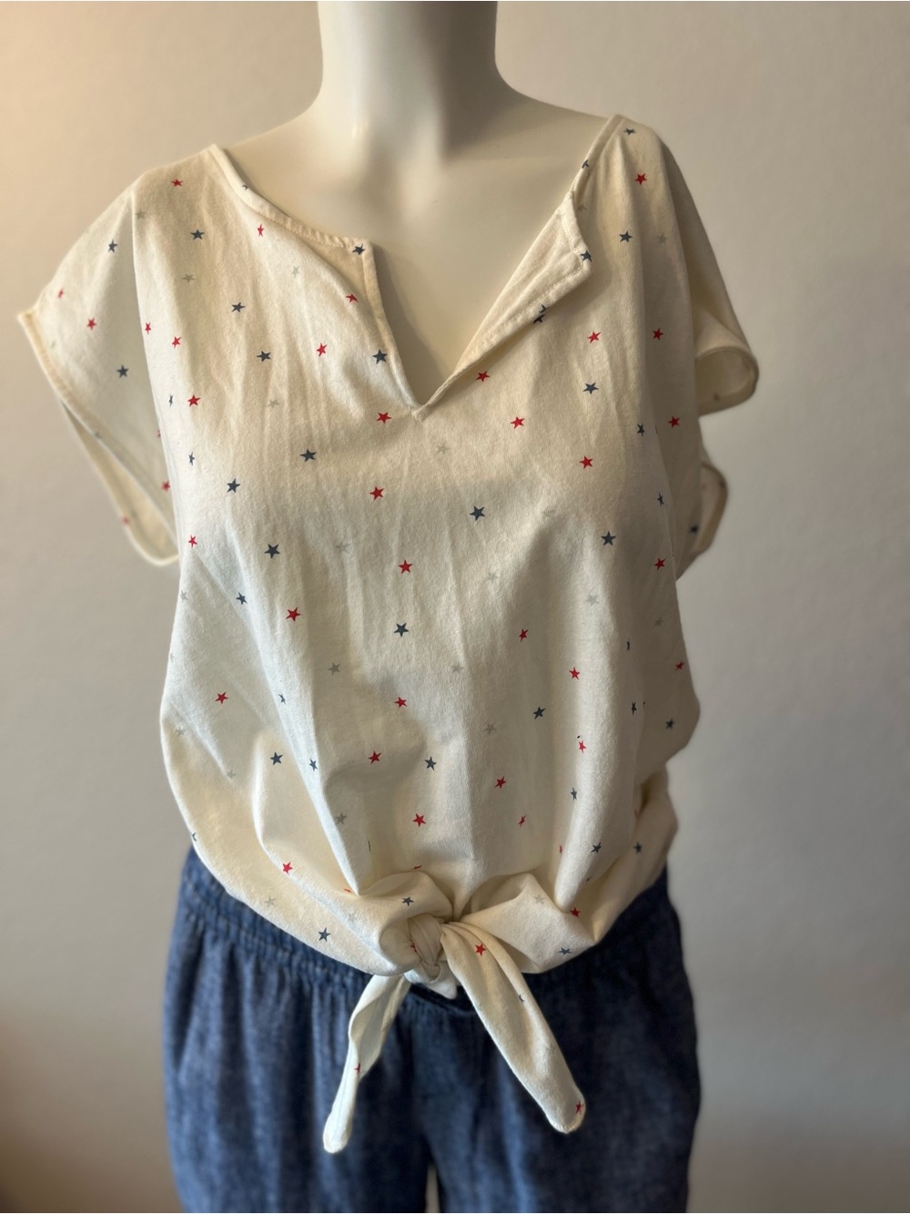 Lucky Brand Cream Star-Print Tie-Front Women's Top